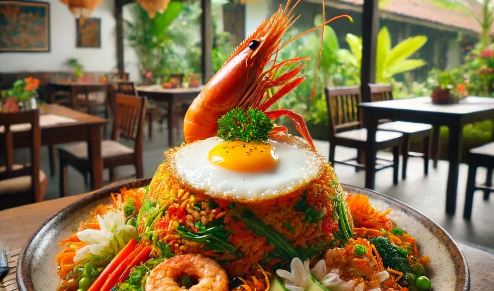 Nasi Goreng Indonesia dengan telur, udang, dan sayuran berwarna di atas piring dalam restoran tradisional.
